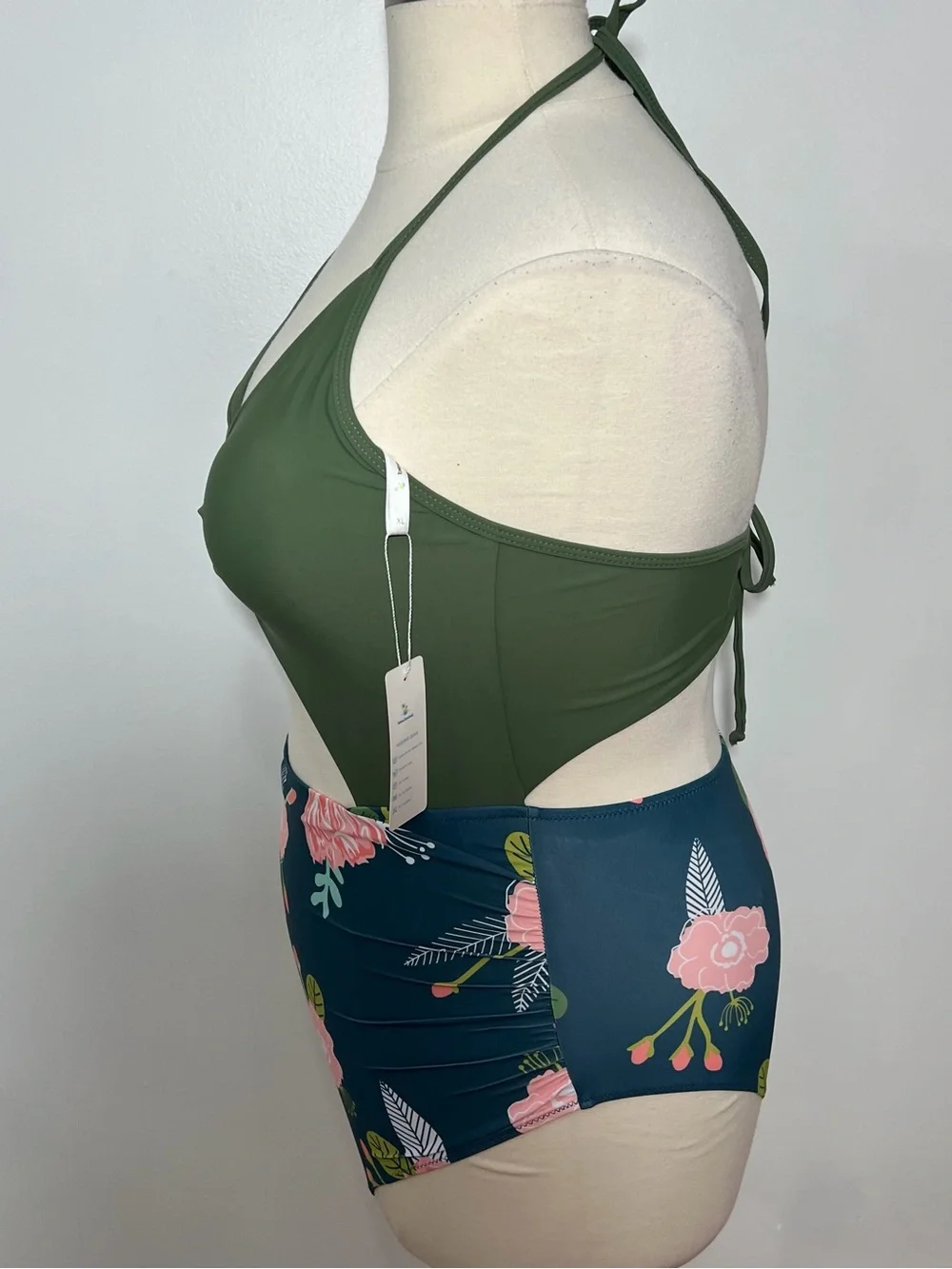 NWT‎ Beachsiss Olive Green & Teal Floral High-Waist One-Piece -- XL